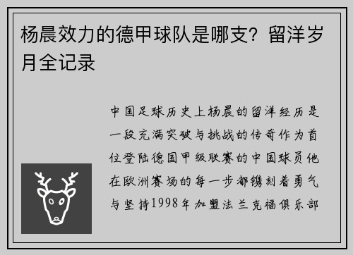 杨晨效力的德甲球队是哪支？留洋岁月全记录